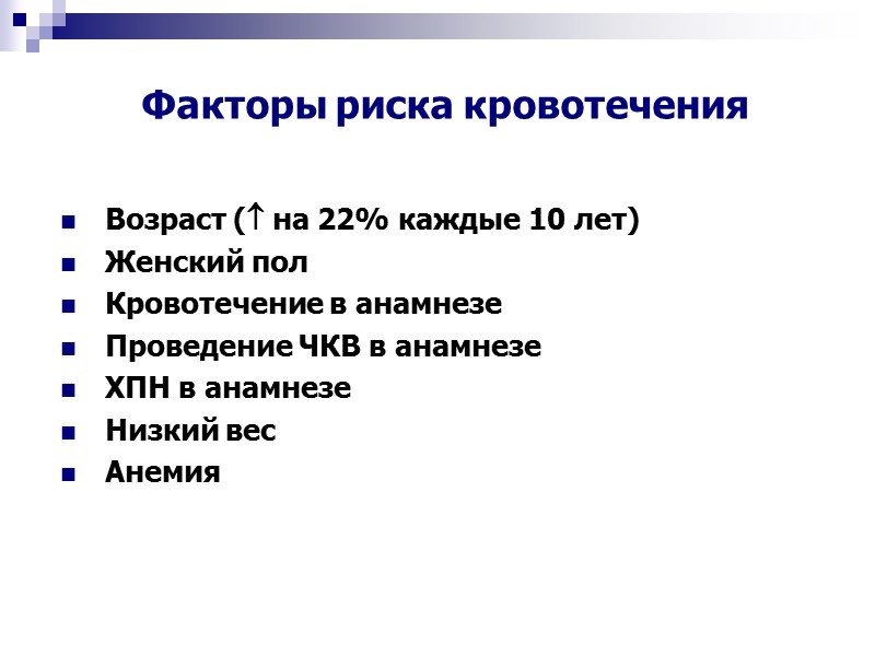 Факторы риска кровотечения Возраст ( на 22% каждые 10 лет) Женский пол Кровотечение в